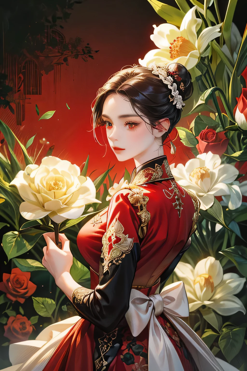 just 1woman, holding daffodil flower, surounded by red and white rose garden, black big black bun in her back hair, swrious face, quiet but charming, red and white suit, red eyes, kebaya, javanese sinden style, detailed, accurate, 4K high Quality.