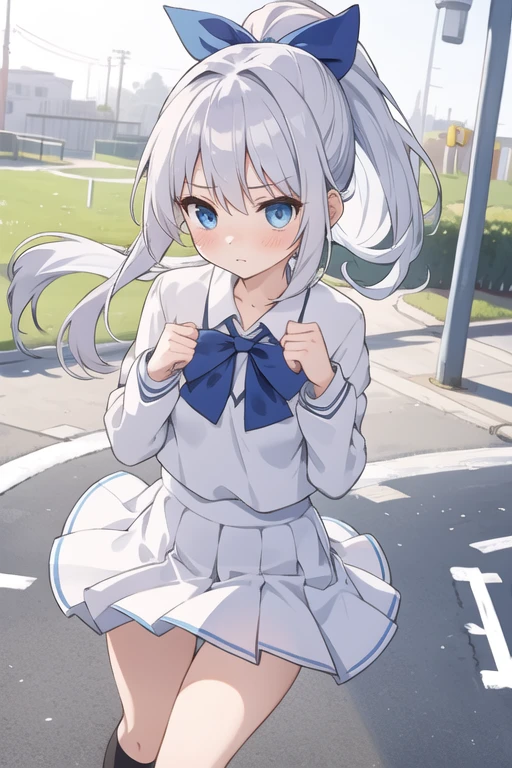 1 girl, solo, long hair, skirt, shirt, long sleeves, bow, ribbon, pigtails, uniform, hair ribbon, white shirt, ahoge, white hair, hair ribbon, grey hair, pleated skirt, outdoors, no underwear, shoes, sailor uniform, daytime, socks, black skirt, sailor collar, bag, clothes pulled up, from behind, black footwear, two side up, black ribbon, pussy visible, female genitalia visible, vagina visible, skirt lifted, squatting, cat, backpack, >_<, loafers, venus crack, turned away, x3