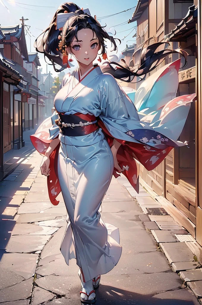 ((((High resolution, Intricate details, masterpiece, 8k)))), (((beautiful, kimono, Cape, Shape of Light))), ((One Woman, full body, Smiling)), (Black Hair, Forehead, Long Hair, ponytail, slender, Glowing Skin), from front, looking at viewer, look at viewer, In the town, noon, Wind, blue sky,
