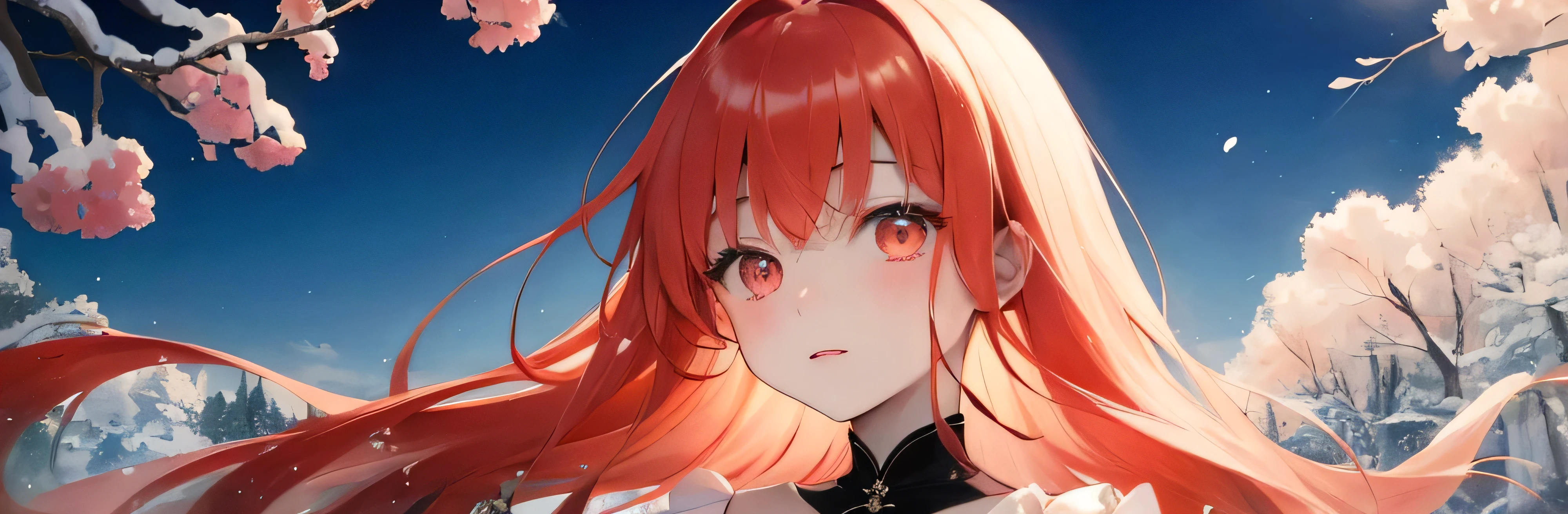 Detailed long pale red hair, Mysterious pale red and black dress, Detailed beautiful pink eyes, Detailed beautiful face, Fantastic watercolor painting, Beautiful profile, Detailed digital art, beautiful, beautiful women, Beautiful watercolor portrait, Detailed portrait, A fantastic landscape of snow and thorns, 