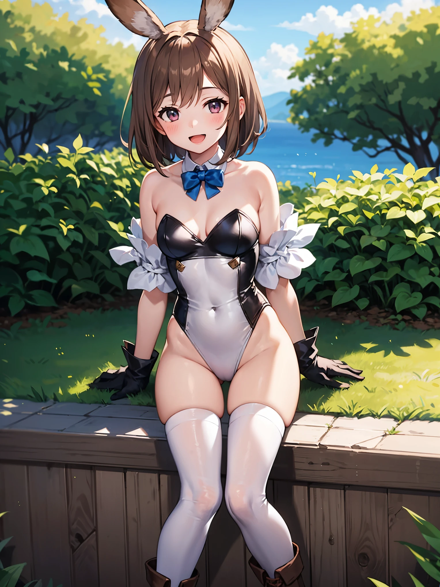 GRANBLUEfantasy,ung_teeirl,brown_hair,medium_bob_hair,platina_blond_hair,white_leotard,covered_crotch,thigh-highs,smile,standing,bluesky_landscape_background,slightly_spread_legs,happiness, short_gloves ,solo, r18, navel,relicbuster,short,boots,open_mouth,sitting,knees,blush,shy,bunny_ears