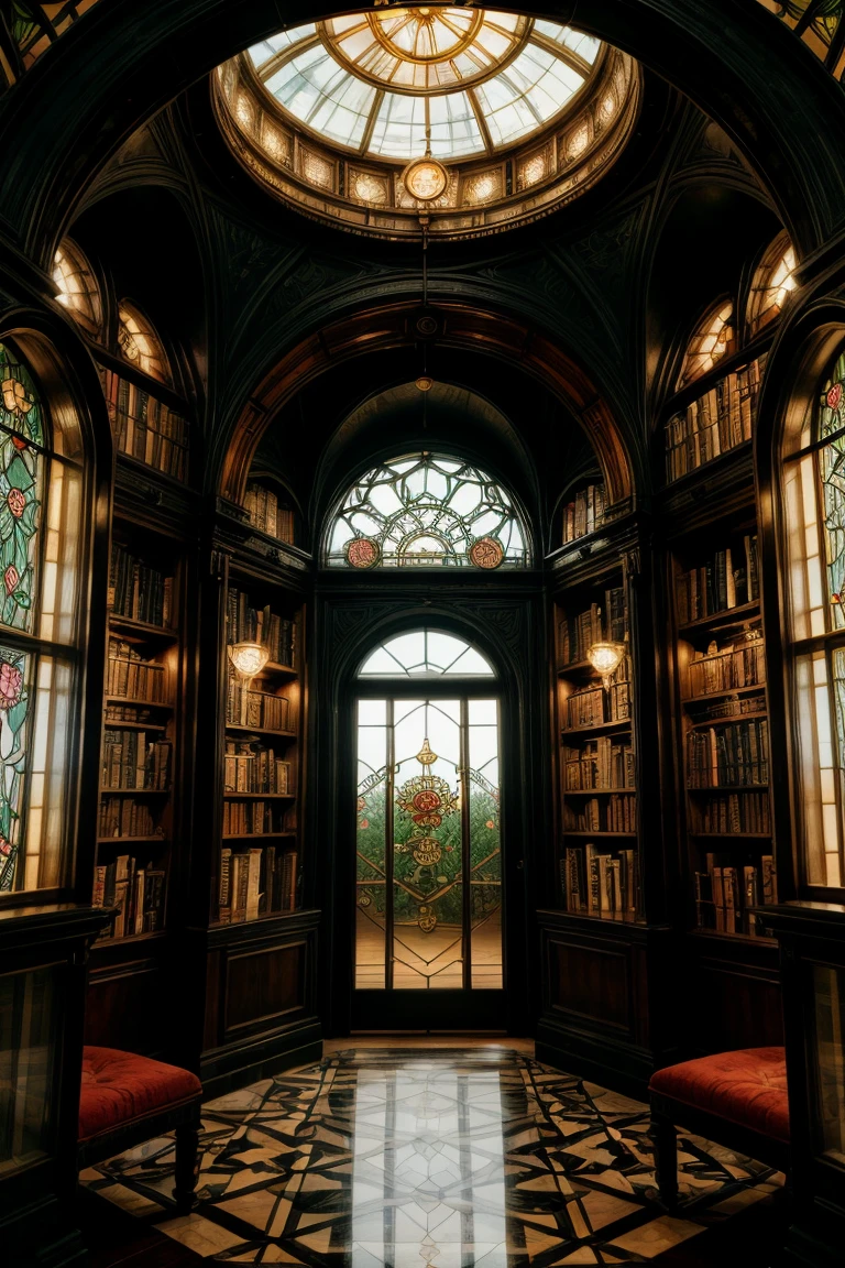 Inside a home library designed in Art Deco style with a steampunk twist, blooming roses flourish under a glass-dome roof amid lush tropical plants and a stone floor, framed by huge glass windows and floral stained glass elements, neon colors infuse the scene with a dreamy, fantasy ambiance reminiscent of the works of John William Waterhouse, Charlie Bowater, Agnes Cecile, Mucha, and Gabriel Ferrier, digital illustration with golden ratio, sharp focus