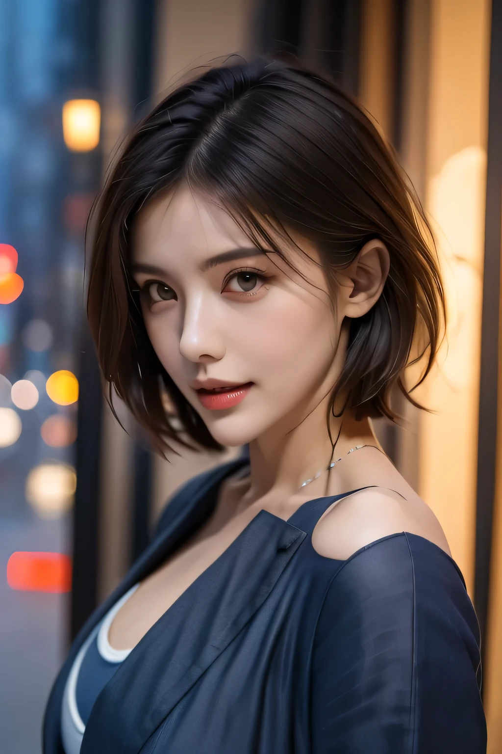 (highest quality, 8k, 32K, masterpiece), (Realistic), (Realistic:1.2), (High resolution), (night:1.7), Japan, cyber punk, City View, In front of the window,Wooden floor, 
Blue jacket, Grey Shirt, clavicle, jewelry, gem, Brunette Bob, 
1 female, 45 years old, beautiful Finger, beautiful long legs, beautifulbody, beautifulNose, beautifulcharacter design, Perfect Eyes, perfectface, Expressive eyes, View your viewers, Center the image, (upper_body), (Focus on her face),
Official Art, Very detailed CG Unity 8k wallpaper, Perfect lighting,Farbeful, bright_front_face_Lighting,Glowing Skin,
(masterpiece:1.0),(Highest_quality:1.0), 超High resolution,4K,Very detailed,
photograph, 8k, High resolution, High resolution, absurdes:1.2, 400 for Kodak Port, Film Grain, Blurred Background, bokeh:1.2, Lens flare, (Vibrant_Farbe:1.2)
(beautiful,chest), (beautiful_face:1.5),(narrow_Waist),