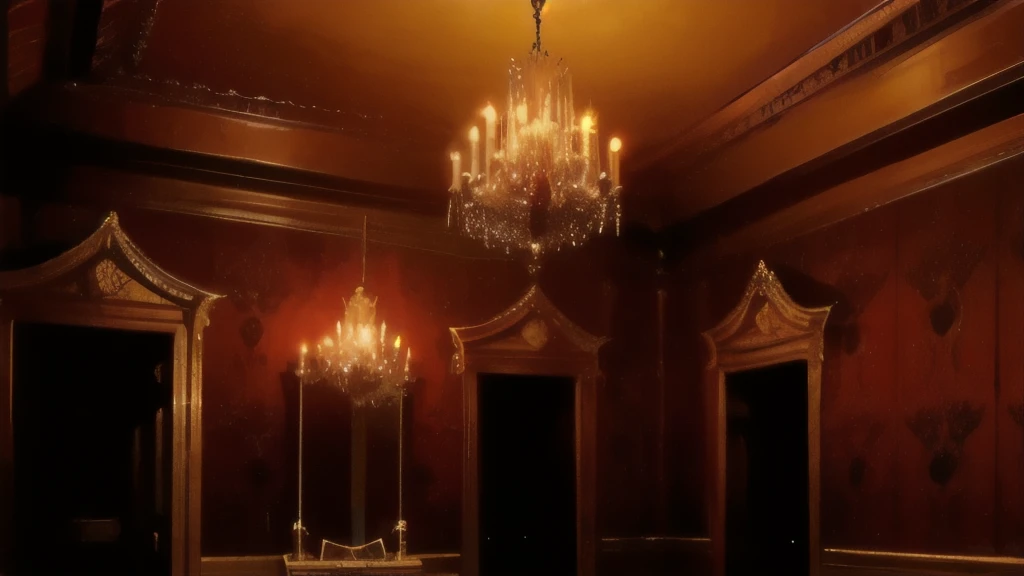 gothic style room, scary, aristocratic room, night, no light, No people, red wallpaper