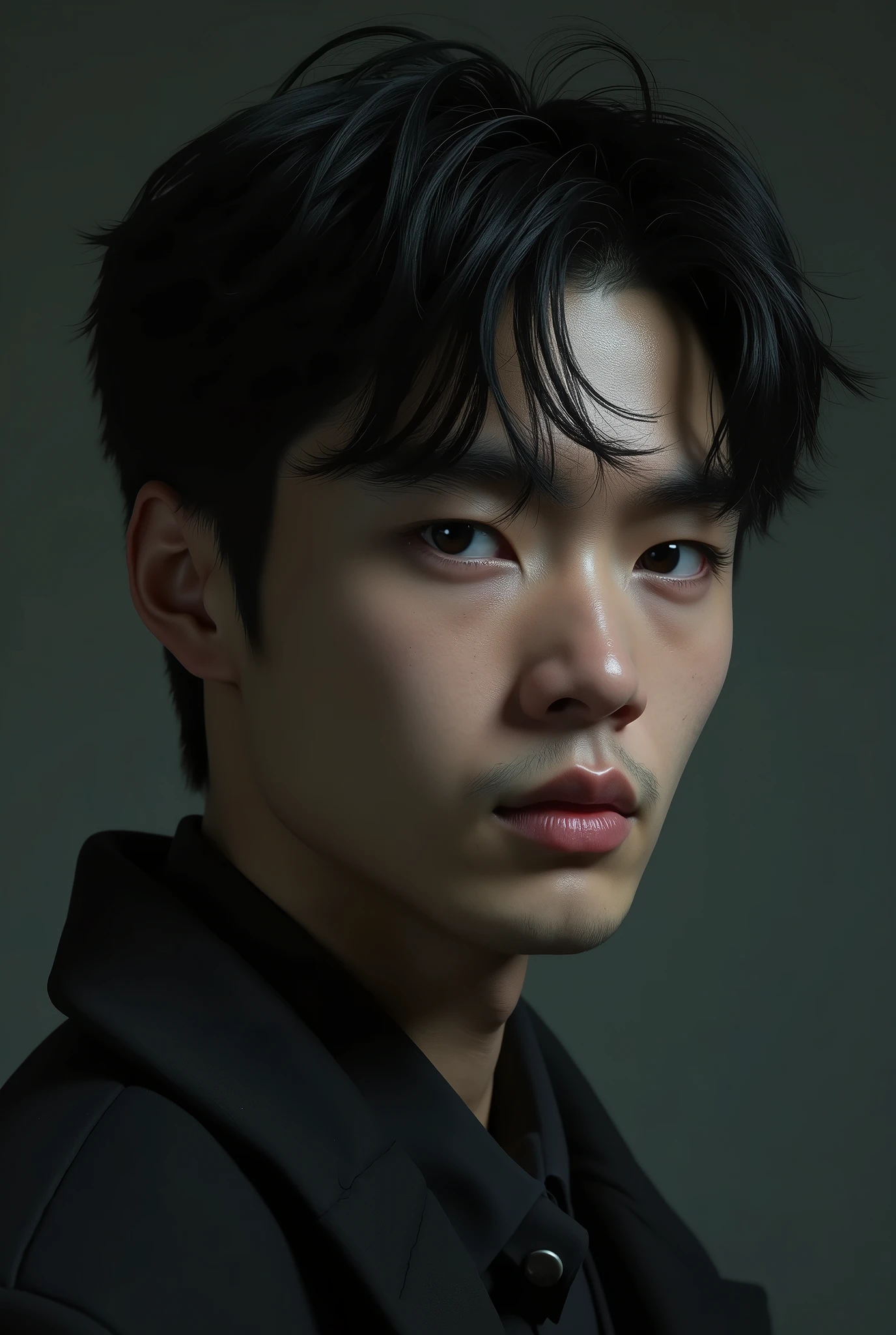 There is a young man, with Black Hair, look to the side, With a gloomy atmosphere, masterpiece, Highest quality, Realistic, 1 person, Men&#39;s Center, good looking, [Thick eyebrows], Portraiture, Highly detailed face, Black Hair, (short hair)