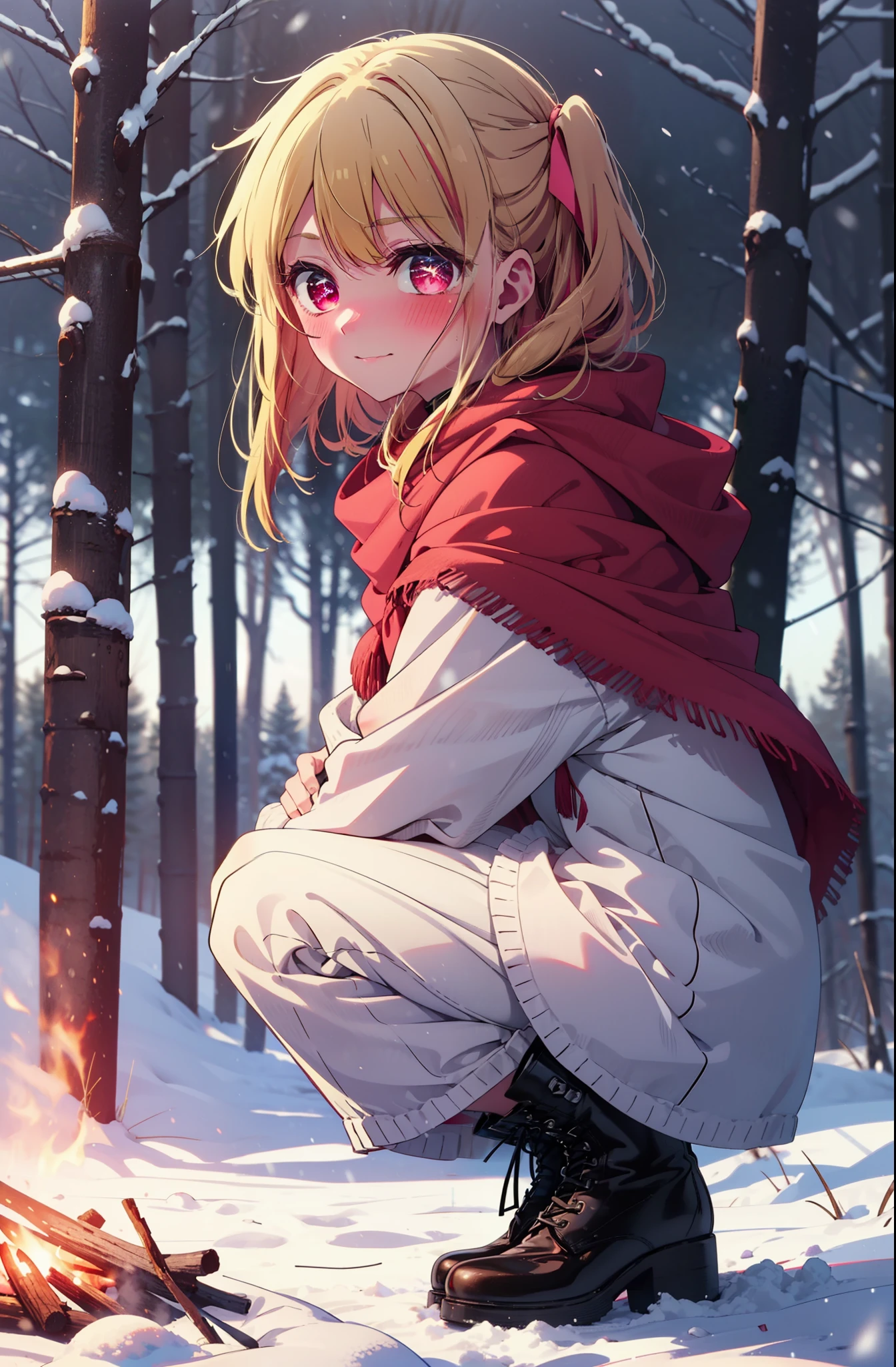 rubyhoshino, Hoshino Ruby, Long Hair, bangs, Blonde, (Pink Eyes:1.3), Side Lock, (Symbol-shaped pupil:1.5), Multicolored Hair, Two-tone hair, smile,,smile,blush,white breath,
Open your mouth,snow,Ground bonfire, Outdoor, boots, snowing, From the side, wood, suitcase, Cape, Blurred, , forest, White handbag, nature,  Squat, Mouth closed, Cape, winter, Written boundary depth, Black shoes, red Cape break looking at viewer, Upper Body, whole body, break Outdoor, forest, nature, break (masterpiece:1.2), Highest quality, High resolution, unity 8k wallpaper, (shape:0.8), (Beautiful and beautiful eyes:1.6), Highly detailed face, Perfect lighting, Highly detailed CG, (Perfect hands, Perfect Anatomy),