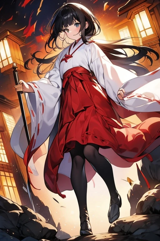 Highest quality, Very detailed,masterpiece,anime, Ultra-high resolution,If you look closely at the eyes, Best illustrations, A very condensed individual, (Very delicate and cute face)、Character portrait、Full body portrait、beautiful girl,Shrine maiden,Japanese、Black hair, medium length, reaching the shoulders,Green Eyes、Shrine maiden服、black tights, Leather long boots、Standing with a wooden sword drawn、No background、Characters only、Red cheeks、Embarrassed expression、