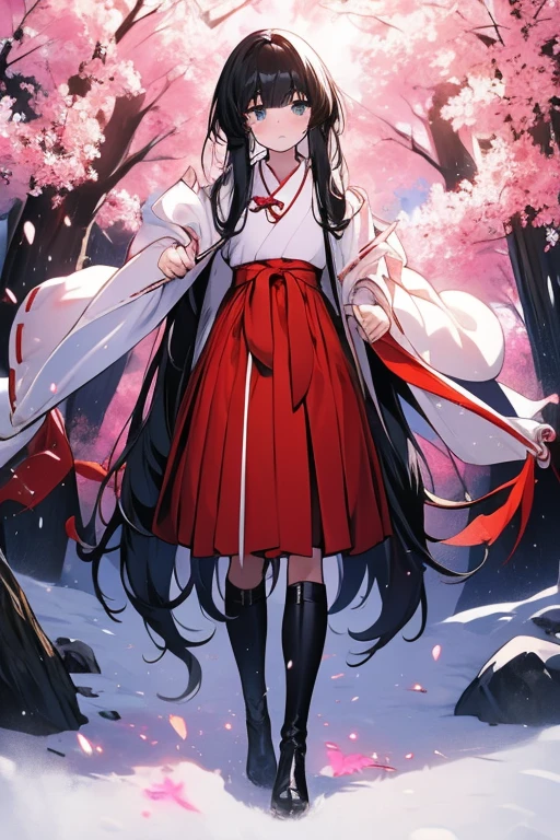 Highest quality, Very detailed,masterpiece,anime, Ultra-high resolution,If you look closely at the eyes, Best illustrations, A very condensed individual, (Very delicate and cute face)、Character portrait、Full body portrait、beautiful girl,Shrine maiden,Japanese、Black hair, medium length, reaching the shoulders,Green Eyes、Shrine maiden服、black tights, Leather long boots、Standing with a wooden sword drawn、No background、Characters only、Red cheeks、Embarrassed expression、