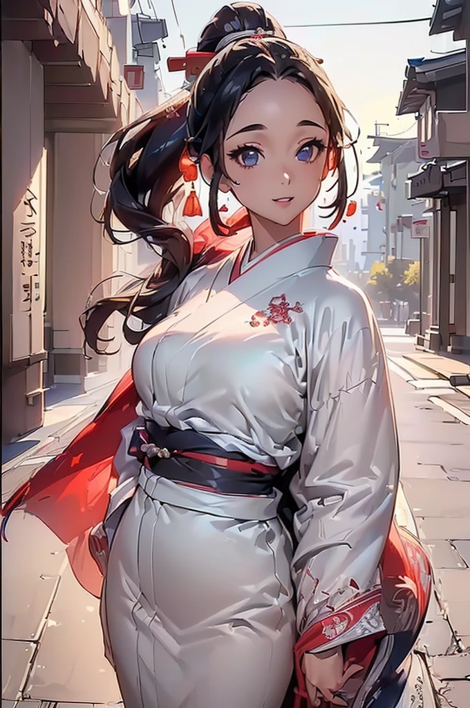 ((((High resolution, Intricate details, masterpiece, 8k)))), (((beautiful, kimono, Cape, Shape of Light))), ((One Woman, full body, Smiling)), (Black Hair, Forehead, Long Hair, ponytail, slender, Glowing Skin), from front, looking at viewer, look at viewer, outside, noon, Wind, blue sky,