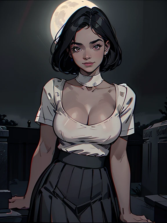a beautiful girl leaning towards a tombstone, smiling at the viewer, wearing a tight white shirt showing cleavage and a black pleated skirt, against a night time foggy landscape with a full moon, highly detailed, intricate, cinematic, photorealistic, 8k, dramatic lighting, moody color palette, gothic, dramatic