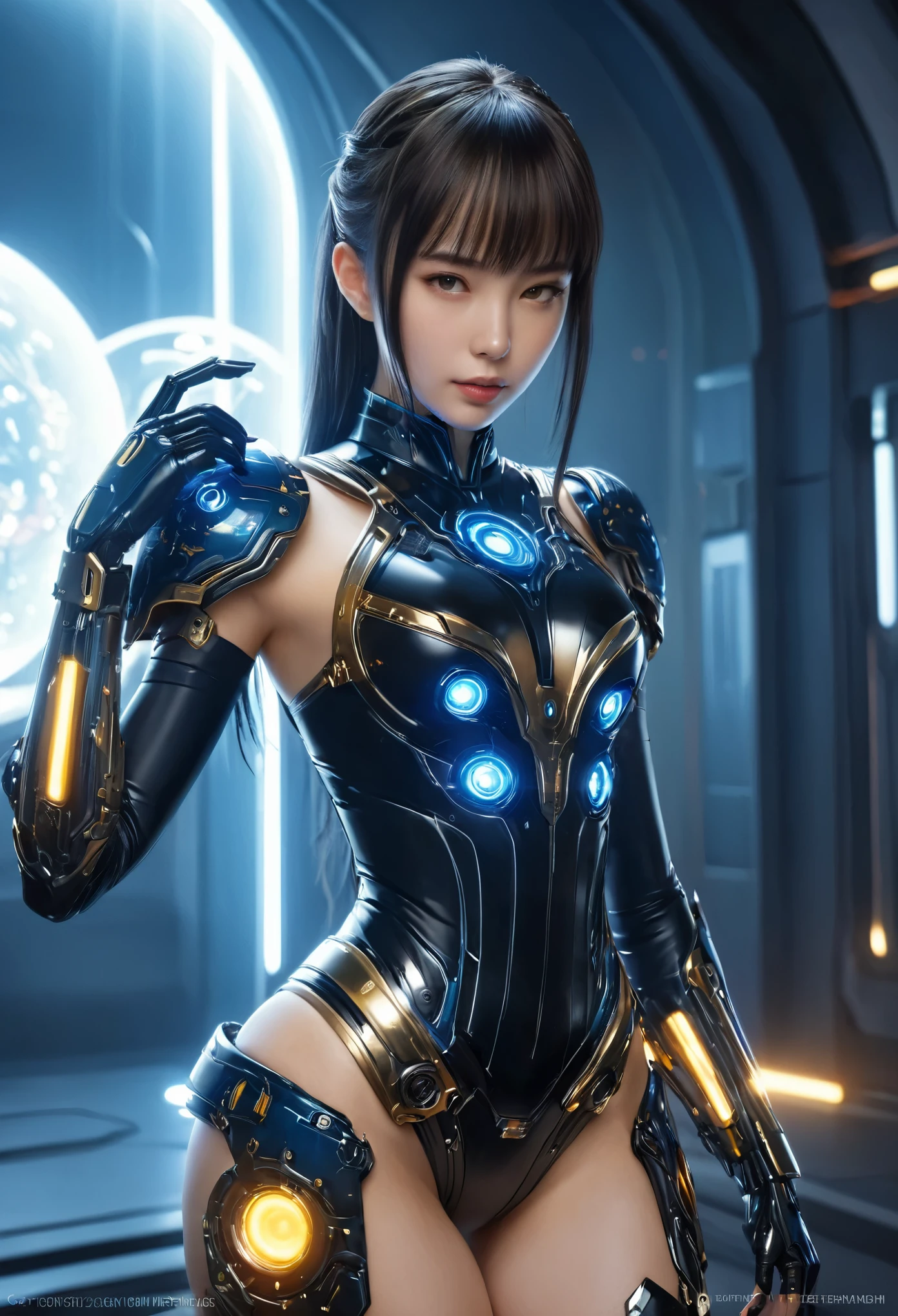(Best Quality, 4K, 8K, High Resolution, Masterpiece: 1.2), (Super Detailed, Realistic, Photorealistic:1.37), A woman in futuristic clothing, Trending on cgstation, Trending on cgstation, (Portrait of a girl in the Knights of the Zodiac:1.4), blunt bangs, Cute Cyborg Girl, Perfect android girl, Portrait Astronaut Girl, Beautiful girl cyborg, Girl wearing black blue black mechanical cyber armor, Game CG, cgsociety and fenghua zhong, Beautiful Cyborg Shrine Maiden, Bioluminescence, Yua, (Golden eyes:1.5), Anatomically correct grip, (Sharp and long claws:1.4), erotic and sexy