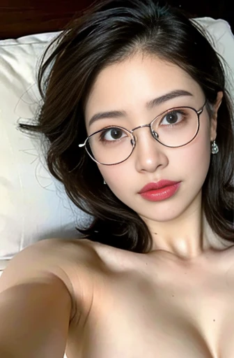 ((highest quality, 8k, masterpiece: 1.3)), One girl, mature girl, 30 years old, glowing skin. The beauty slightly chubby: 1.3, ( casual and cute hairstyle: 1.2), : 1.1, Stress face and very horny, Detail Eye, wearing glasses, double eyelid, With earrings, Bedroom, Concert Make-up, ((very big breasts naked, Cute Breasts)), detail stomach and thighs (Lying in bed), (The portrait was taken from above her reclining body.) (open youre leg, show pussy)