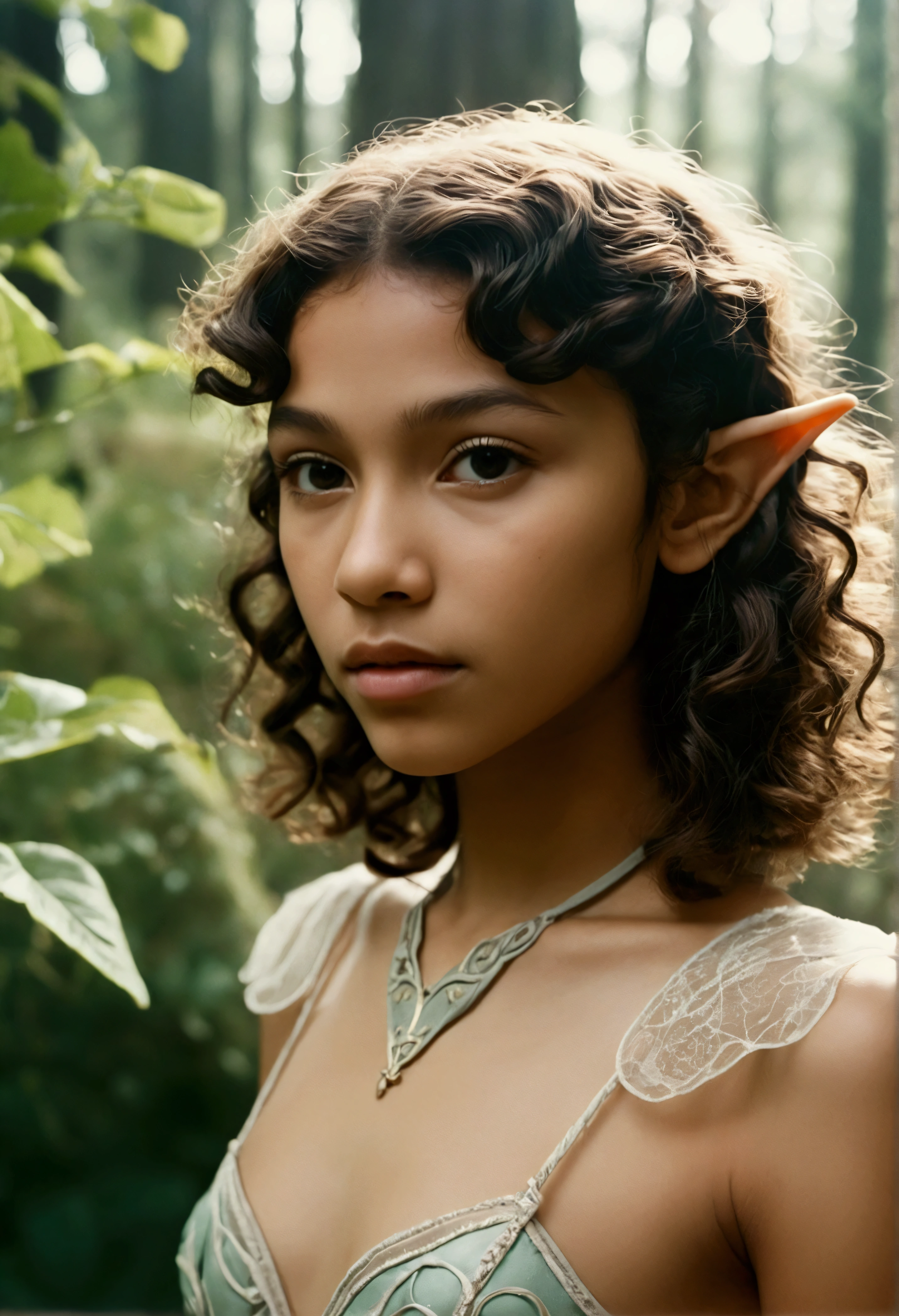 analog film photo, photo of an elven maiden, 18 years old, elf ears, curly brunette bob cut, Amazonian stature, toned hourglass figure, busty breasts, narrow waist, full wide hips, big plump buttocks, wearing a lacey bra and a lacey thong, resembles Adria Arjona, strolling along a fantasy landscape, RAW Photograph, dslr, soft lighting, high quality, film grain, Fujifilm XT3, detailed skin with visible pores, insane details, masterpiece, 8k, 35mm photograph, dslr, kodachrome, faded film, desaturated, grainy, vintage, Lomography, stained, highly detailed, found footage, close-up shot, elven ears