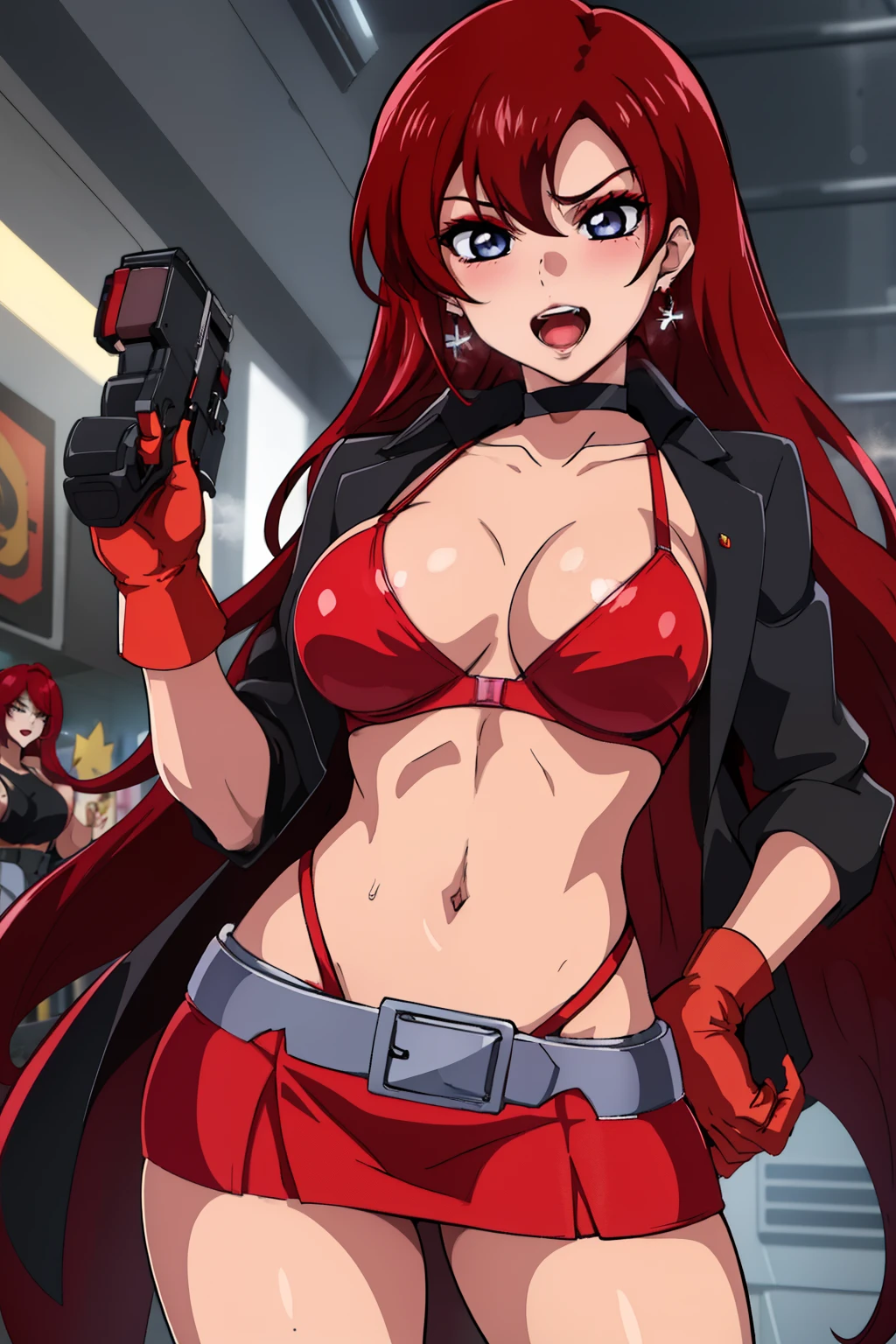 red hair, blue eyes,long hair,
, blush, lipstick,  gloves , long hair, choker, blush, lipstick,,jewelry, earrings, Hot girl, baddie, bad attitude, mean girl, crazy, smoking, sensual, attractive, mall, shopping center,indoors, masterpiece, best quality, highly detailed, a girls with a gun, open mouth, blazer, sexy gaze, (nsfw) not
safe for work, badass pose , evil smile, smile, black bra, anime girl with long hair, long haired girl,
navel, evil expression, exposed belly, exposed navel, exposed midriff, exposed lower belly, micro
miniskirt, micro pencil skirt, pencil skirt ,holding a gun, holding pistol