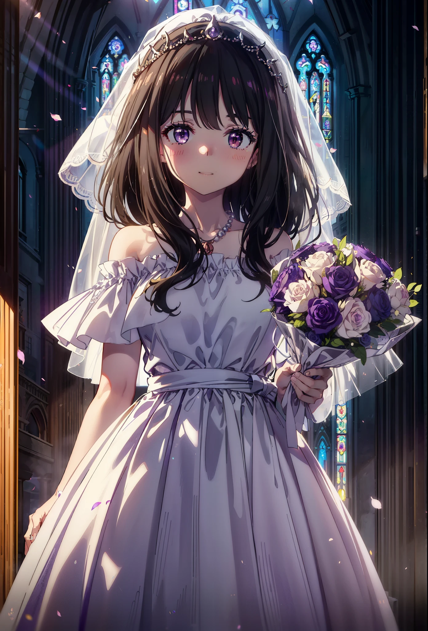 Takiuchikami, Long Hair, bangs, Black Hair, (Purple eyes:1.2),Veil,Off-the-shoulder white wedding dresses,necklace,Veil,white wedding long skirt,holding a bouquet of flowers in both hands,smile,blush,As if your whole body is in the illustration,Daytime,sunny,
break indoors, Chapel,church,
break looking at viewer, Upper Body,(Cowboy Shot:1.5),
break (masterpiece:1.2), Highest quality, High resolution, unity 8k wallpaper, (shape:0.8), (Beautiful attention to detail:1.6), Highly detailed face, Perfect lighting, Extremely detailed CG, (Perfect hands, Perfect Anatomy),