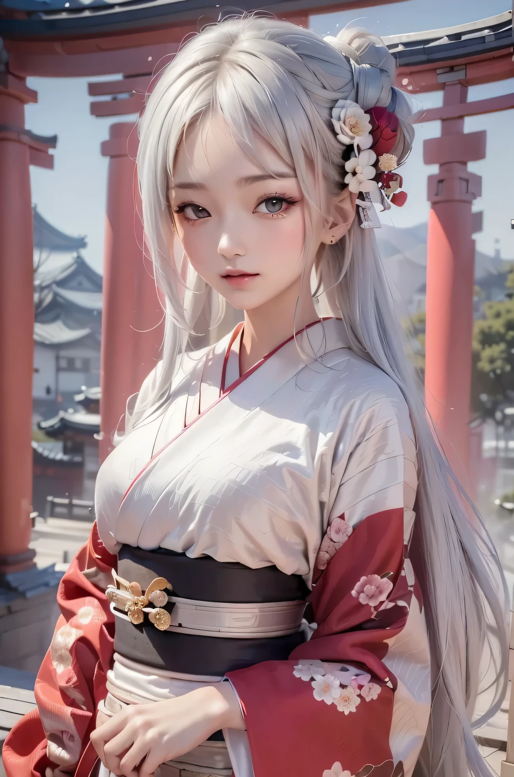 ((masterpiece:1.5,Highest quality,Beautiful images、Abstract、artistic、)(One person, solo)(Medium chest, Silver Hair、Long Hair、kimono, japanese cloth,Flower pattern kimono、Black and red kimono, Red haori)(Profile portrait,Look at me sideways、Look at an angle、shake your head、Sad look, Floating Hair)(Gray background)((from the front:1.3)).face, style, japanese cloth, kimono