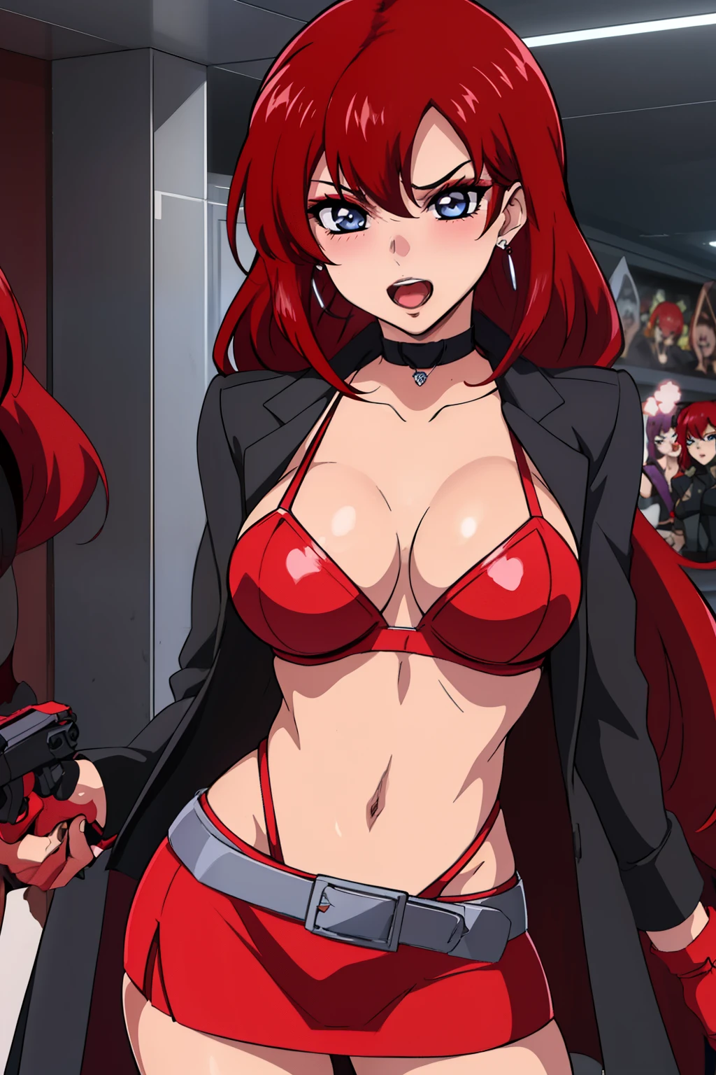 red hair, blue eyes,long hair,
, blush, lipstick,  gloves , long hair, choker, blush, lipstick,,jewelry, earrings, Hot girl, baddie, bad attitude, mean girl, crazy, smoking, sensual, attractive, mall, shopping center,indoors, masterpiece, best quality, highly detailed, a girls with a gun, open mouth, blazer, sexy gaze, (nsfw) not
safe for work, badass pose , evil smile, smile, black bra, anime girl with long hair, long haired girl,
navel, evil expression, exposed belly, exposed navel, exposed midriff, exposed lower belly, micro
miniskirt, micro pencil skirt, pencil skirt ,holding a gun, holding pistol