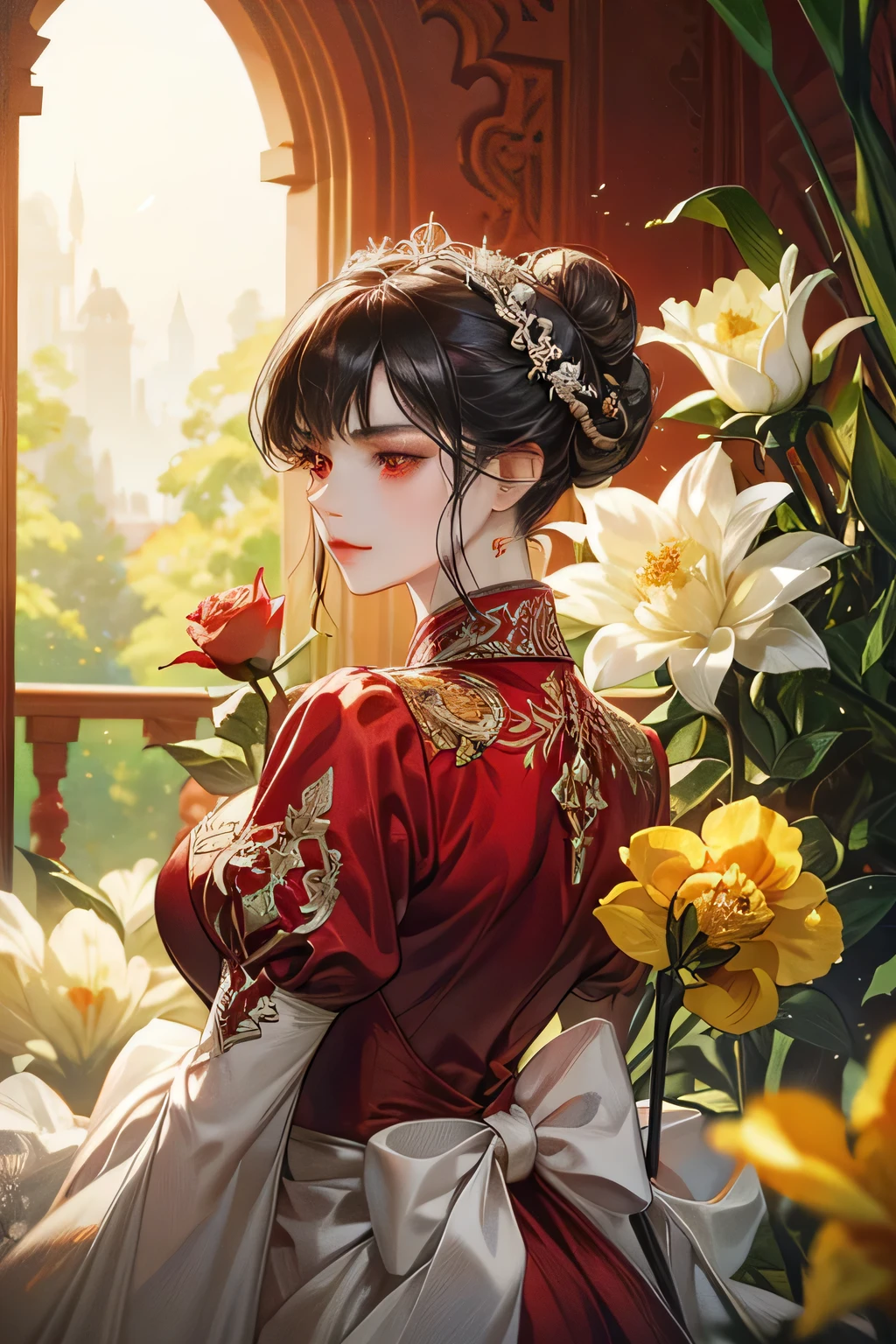 just 1woman, holding daffodil flower, surounded by red and white rose garden, a whole head super big black bun in her back hair, serious face, charming, red and white suit, red eyes, kebaya, javanese sinden style, detailed, accurate, 4K high Quality.