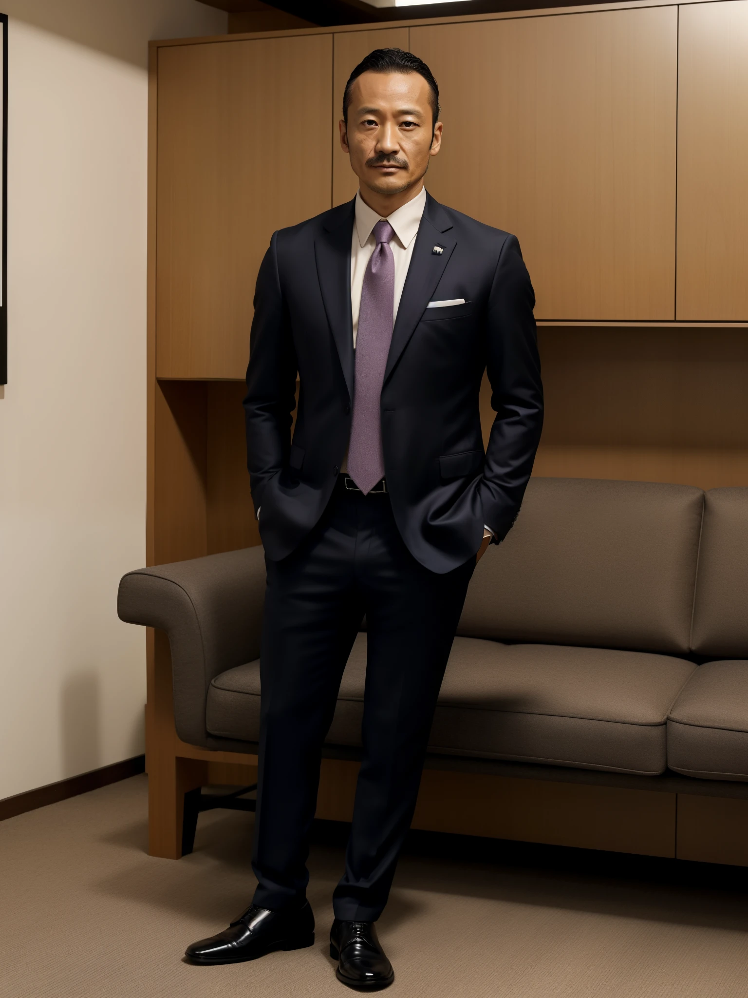 40 years old，Hidetoshi Nakata，（Kogoro Mori 1.3），whole body，Lean，muscle，office，black，foot，Suit，foot抬起，sofa，Baldhead ，transparent，Thick body hair，underwear，Topless，Densely hairy，Fortitude，HD，With a mustache