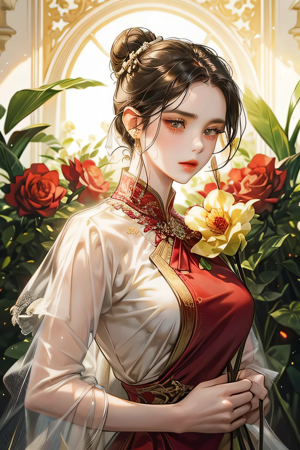 just 1woman, holding daffodil flower, surounded by red and white rose garden, black big bun in her back hair, red and white suit, red eyes, kebaya, javanese sinden style, detailed, accurate, 4K high Quality.