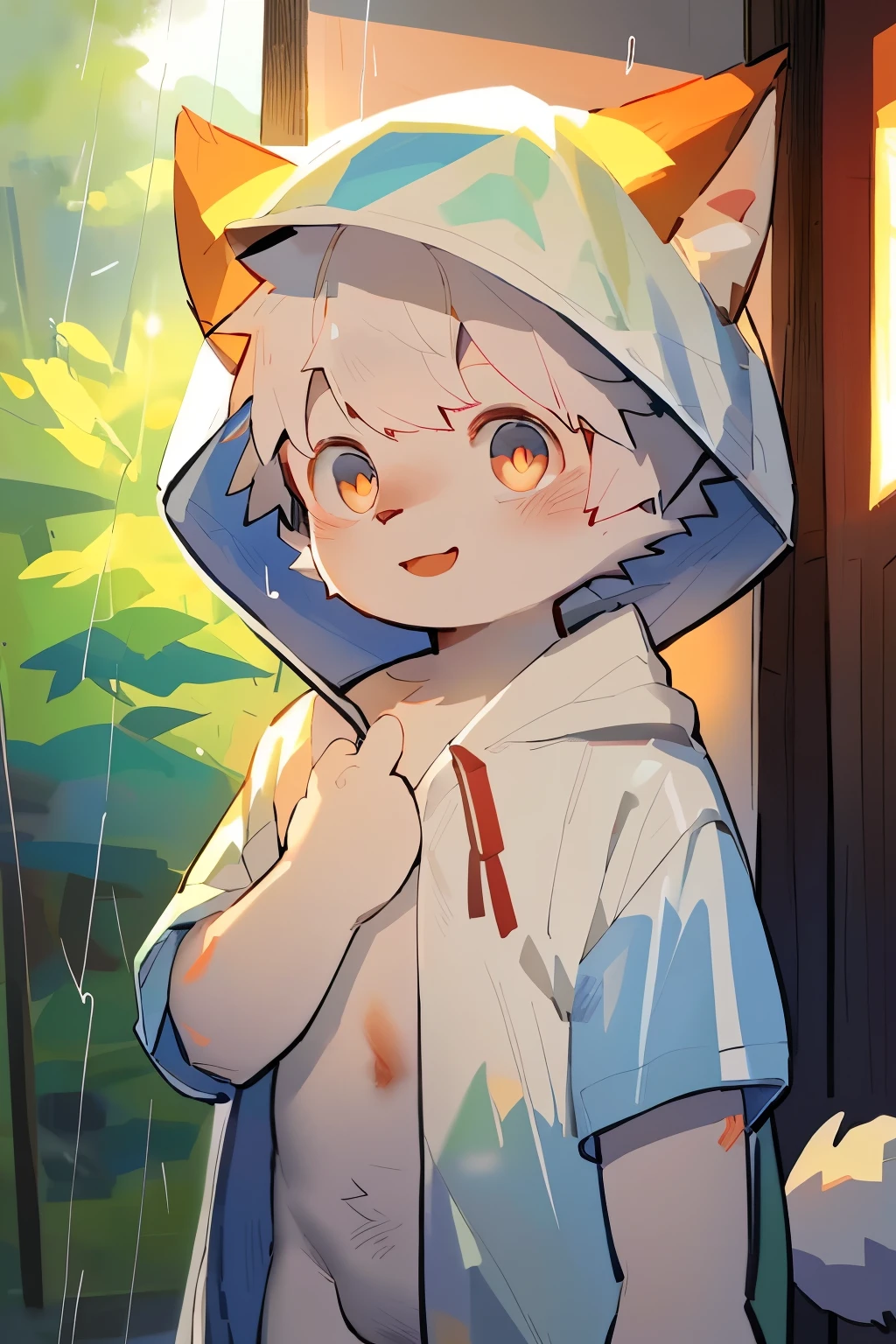masterpiece, best quality, Perfect anatomical structure, Bright Eyes, Big watery eyes, From milkytiger1145, author:K0bit0wani,幼儿园Boys, 吉祥物Boys, 身高较矮的Boys, best quality, high resolution, Extremely detailed,Reality advice, , (wearing nude color, loose, semi-transparent hooded raincoat,Transparent raincoat,rain衣兜帽), rain, rain鞋,Standing,happy, External, close up,((Boys,Shota)),Boys,Pinot Dehaigny, Carney announced, milkytiger1145,