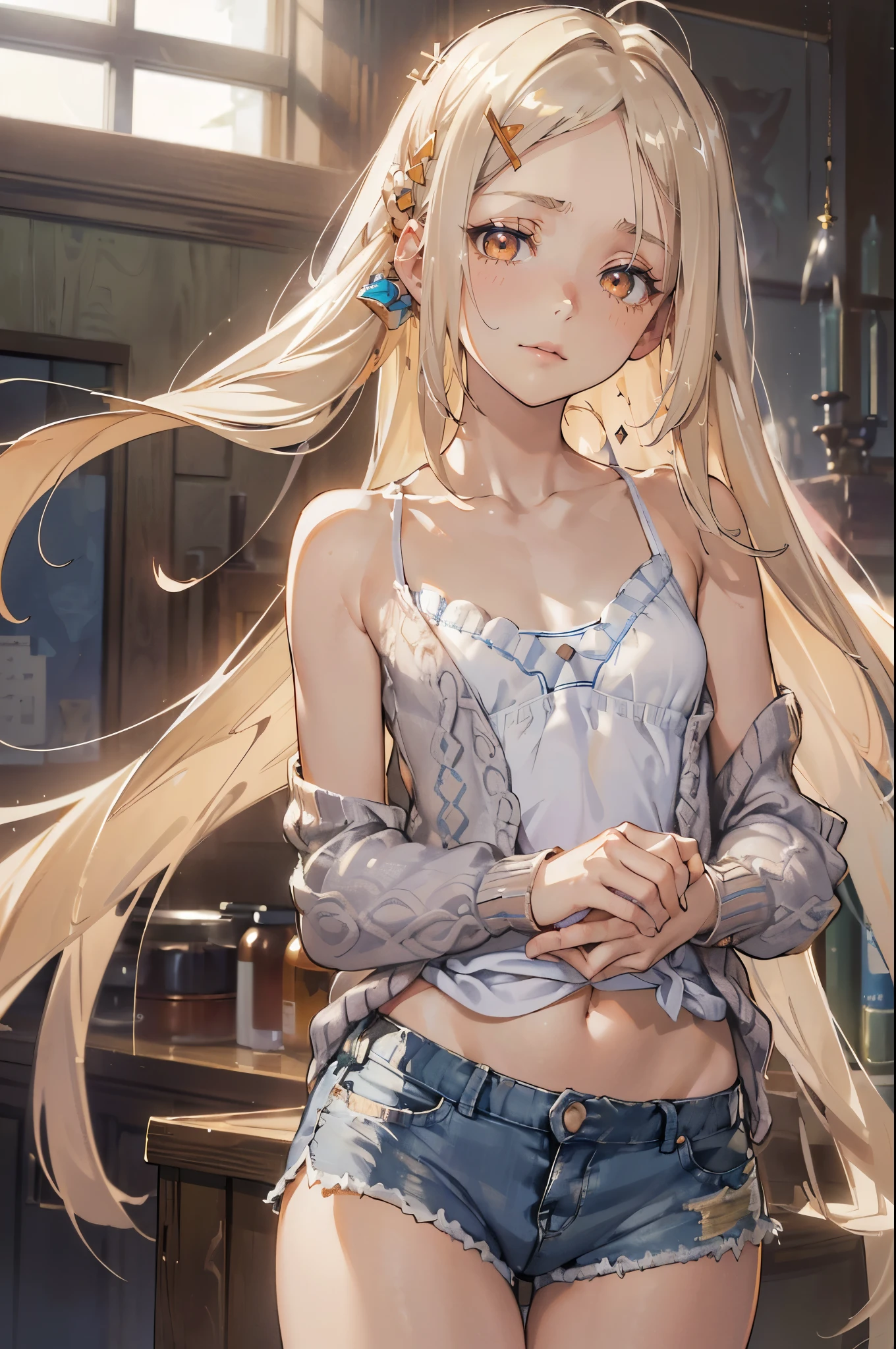 Photorealistic:1.5, Beautiful woman, hairstyle that bounces outward, (platinum blond hair:1.5), (parted bangs:1.5), (amber color eyes:1.5), (sleepy face:1.5), (tilt one's head:1.5), (hairpin:1.1), (masterpiece:1.3), (best quality:1.3), high-resolution, Head-on angle, Body facing forward, solo, beautiful detailed eyes, mid day, (((best quality, textile shading, ultra detailed))), extremely detailed CG unity 8k wallpaper, Highly Detailed beautiful and aesthetic, high resolution, detailed, dramatic lighting, 1Character, soft, gentle colors, (flat chest:1.5), (white camisole:1.5), (blue shorts:1.5), (Navel peeking out a little:1.2), (super long hem summer cardigan:1.5), (skinny:1.5), blur background, classroom, standing:1.2,