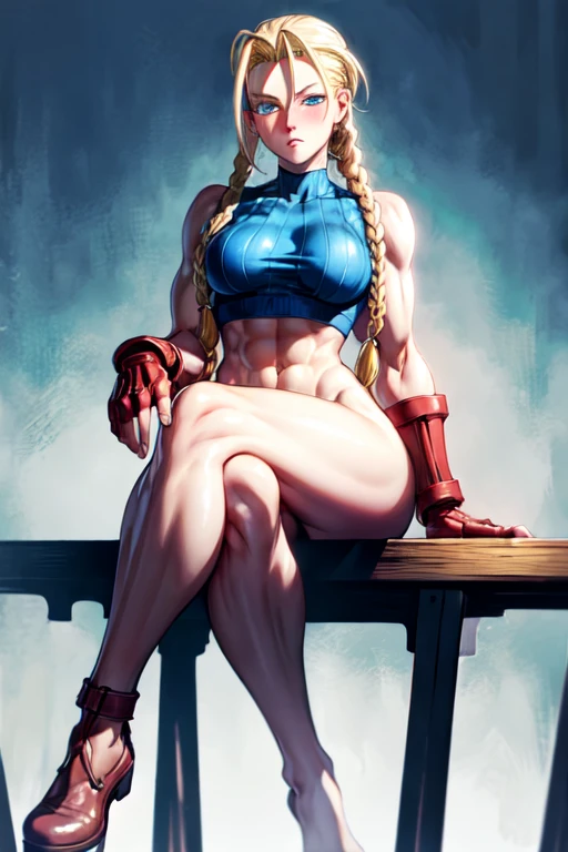 masterpiece,Highest quality,Extremely detailed,8k,Cammy 2,One person,alone,Long Hair,chest,blue eyes,Blonde,large chest,gloves,Have,Braiding,Alternative costume,fingerless gloves,twin Braidings,lips,,scar,Antenna Hair,female,Long and beautiful legs, Thick thighs, blush, nsfw, ((blush)), ((Long and beautiful legs, Thick thighs, Sitting with legs crossed, naked))