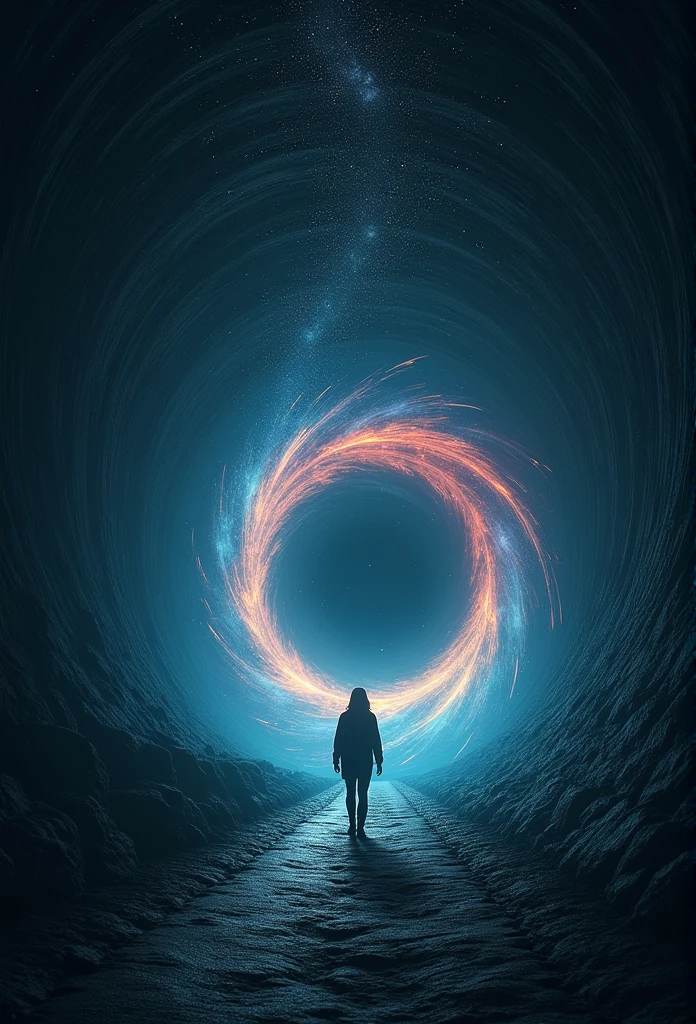 A creepy image of a person standing in a dark tunnel、Stars in the background, Surreal painting inspired by Beksinski, tumbler, Surrealism, Standing in a large vortex, Interstellar Infinite Portal, A majestic interstellar portal, A glowing black hole entrance, Rising from the void, Being sucked into the black hole