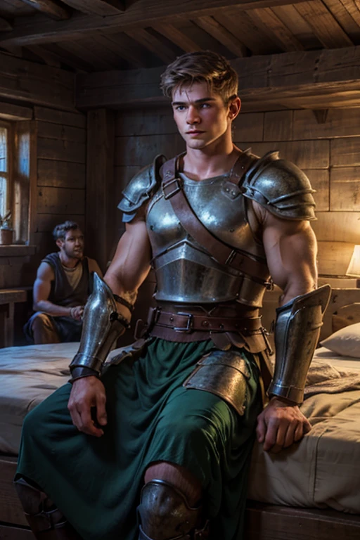 Photo-realistic. A pleased, 16-year-old, handsome, muscular Caucasian man with fade-cut, brown hair, and blue eyes, wearing shabby, sleeveless, leather armor, with metal shoulder guards, boasting, as he tells a dramatic story to a 15-year-old, lean, Caucasian peasant man, with short, brown hair, and blue eyes, in a blue and green tunic, listening in wonder, sitting next to each other on a simple bed, in a rustic inn room, at night.