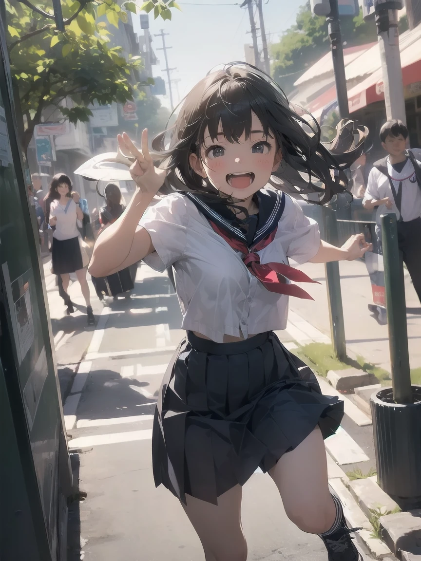 (8k, RAW Photos, Highest quality, masterpiece:1.2), One Girl, 3 days,Black-haired、Long-haired、Backward view、Japanese sailor uniform with short sleeves、Asian, School zone、(Skirt swaying in strong wind:1.2)、Laughter、Rotated、Dynamic Movement