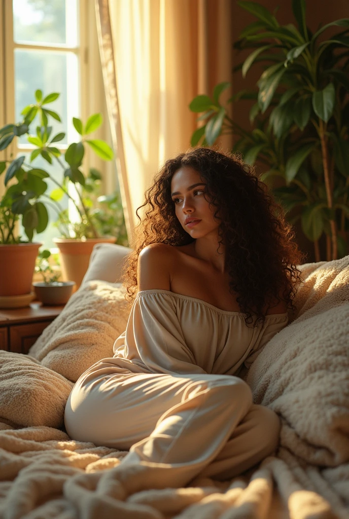 (photorealism:1.2), beautiful woman, sitting on bed, wearing loose off-shoulder top, pajama pants, long curly hair, indoors, soft lighting, plants in background, window with sunlight, cozy room, relaxed pose, realistic, intricate details, warm colors, by Greg Rutkowski, by Alphonse Mucha