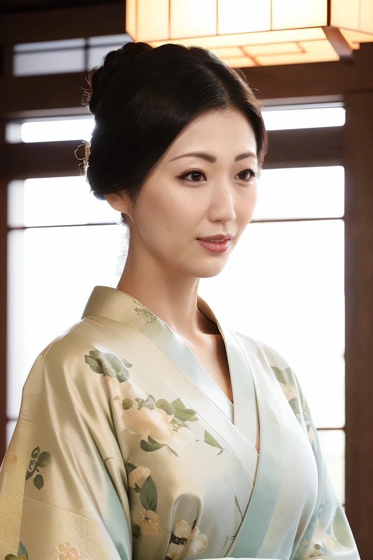 (Highest quality、Tabletop、8k、Best image quality、Award-winning works)、(One beautiful mature woman:1.1)、Adult face、(Innkeeper:1.1)、(Elegant floral kimono:1.2)、(V-neck collar:1.1)、(Cleavageが露わになる:1.2)、(Kimono that shows the chest:1.2)、(Cleavage:1.2)、(Open the chest:1.2)、(Large Breasts:1.2)、(Large Breastsの谷間を露出する:1.2)、Perfect mature woman portrait photo、Glowing Skin、Standing Elegantly、(Blurred elegant and exquisite perfect Japanese style room background:1.3)、(The most natural and perfect tidy Japanese style room background:1.2)、Glowing White Skin、Very white skin、(Accentuate your body lines:1.1)、(The most graceful posture:1.2)、(Gazing at me with a bored expression:1.2)、Perfect beautiful glossy lips、(Accurate anatomy:1.1)、(A perfect and elegant outfit:1.1)、(Standing with good posture:1.1)、(Face close-up:1.3)、(Front facing body:1.2)、(Chignon:1.1)