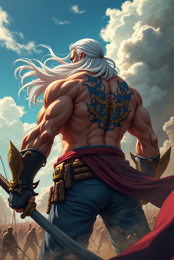 Whitebeard Edward Newgate from the anime One Piece protecting his children in the war in anime style from behind, Where is the tattoo of the Whitebeard Pirates' flag visible on his back?