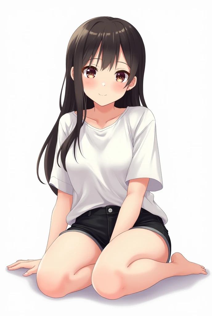 A casual anime girl character, about , is sitting on the floor facing the screen. She is against a white background, wearing a white t-shirt, short black shorts, long black hair with a hint of brown, has thick thighs and large breasts, and a cute face.