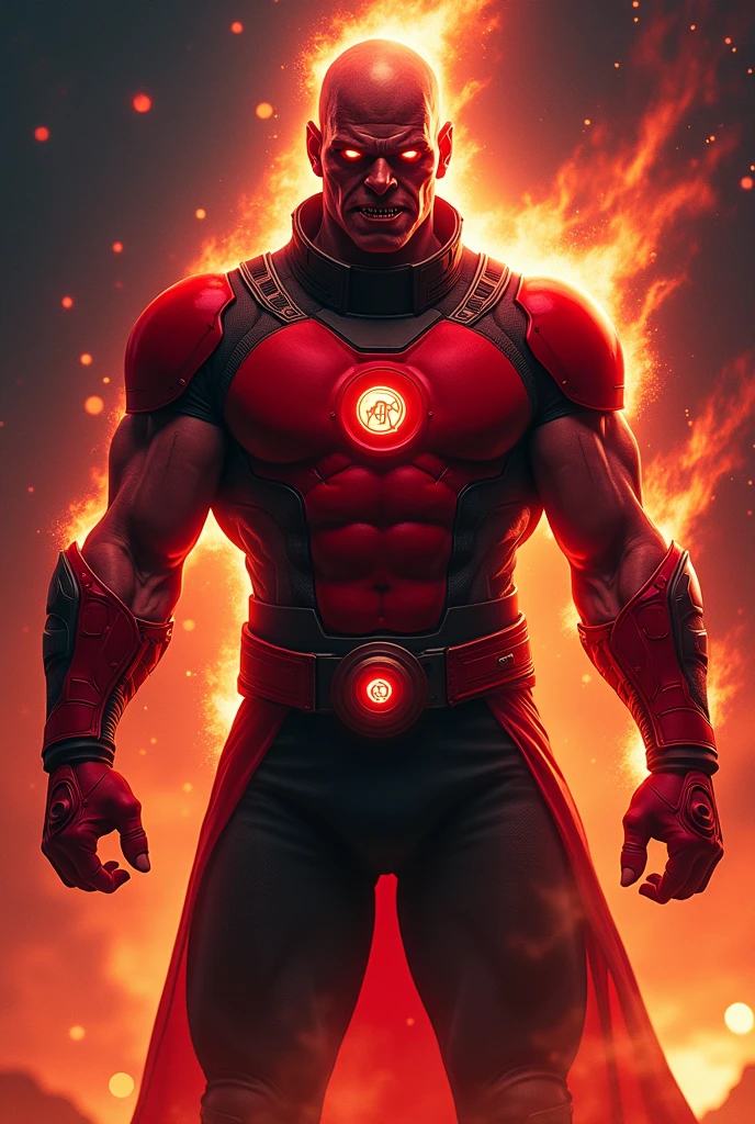 Male, red lantern, red, orc-like face, bald, earless, noseless, glowing eyes, red futuristic armor with black accents, collar armor, red lantern insignia, sharp teeth, muscular, tall, sharp nails, black pants, red bracelets and boots, fire aura, space background