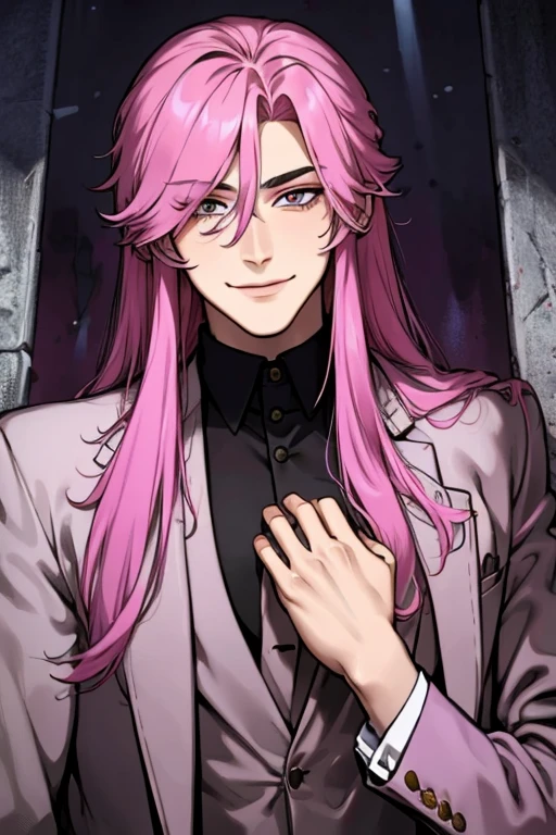 Perfect face. Perfect hands. A pink haired man with violet eyes and long hair is smiling in a cemetery in a fancy suit

