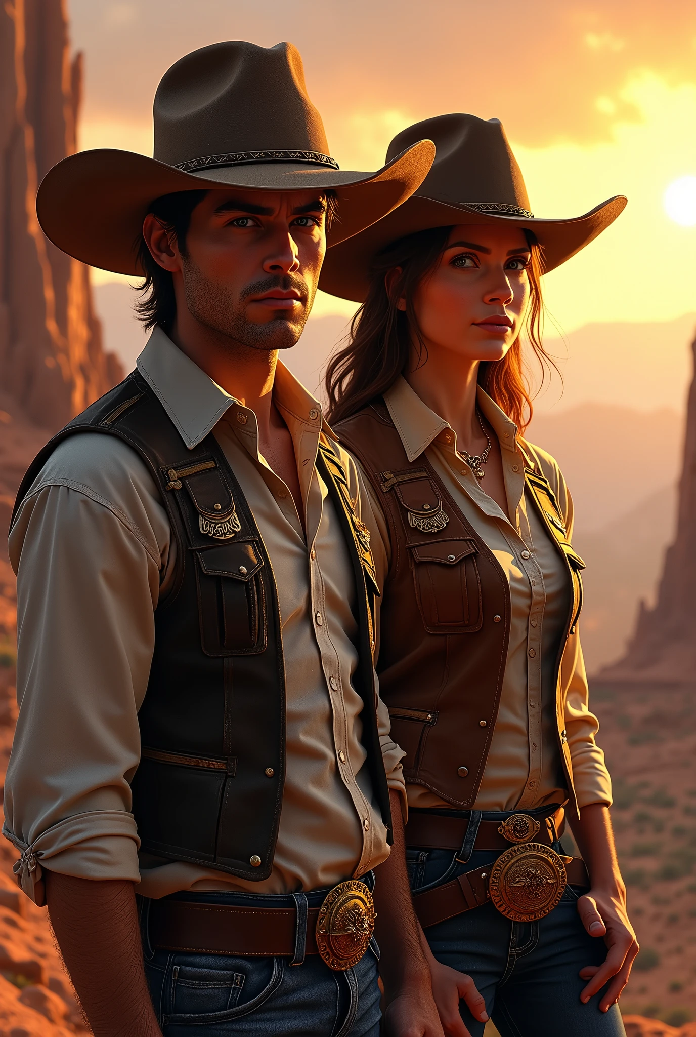 Dressed in ultra-realistic western costumes, Fantasy art, Realistic, Dynamic Lighting, Art Station, Highly detailed face, 4K, Awards,