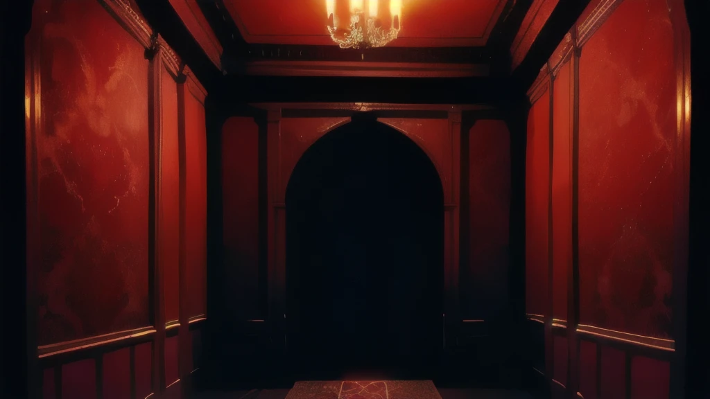 gothic style room, scary, aristocratic room, night, no light, No people, red wallpaper