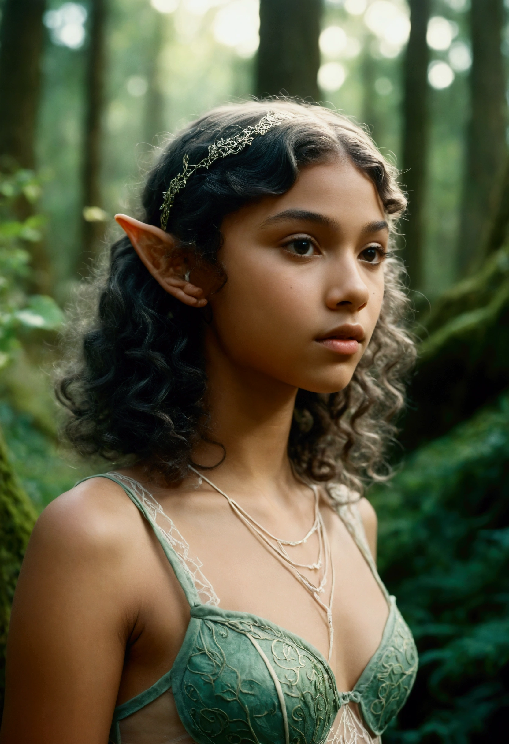 analog film photo, photo of a young elven girl, 18 years old, elf ears, curly bob cut, wearing mesh lingerie, resembles Zendaya, strolling along a fantasy landscape, RAW Photograph, dslr, soft lighting, high quality, film grain, Fujifilm XT3, detailed skin with visible pores, insane details, masterpiece, 8k, 35mm photograph, dslr, kodachrome, faded film, desaturated, grainy, vintage, Lomography, stained, highly detailed, found footage, close-up shot, elven ears