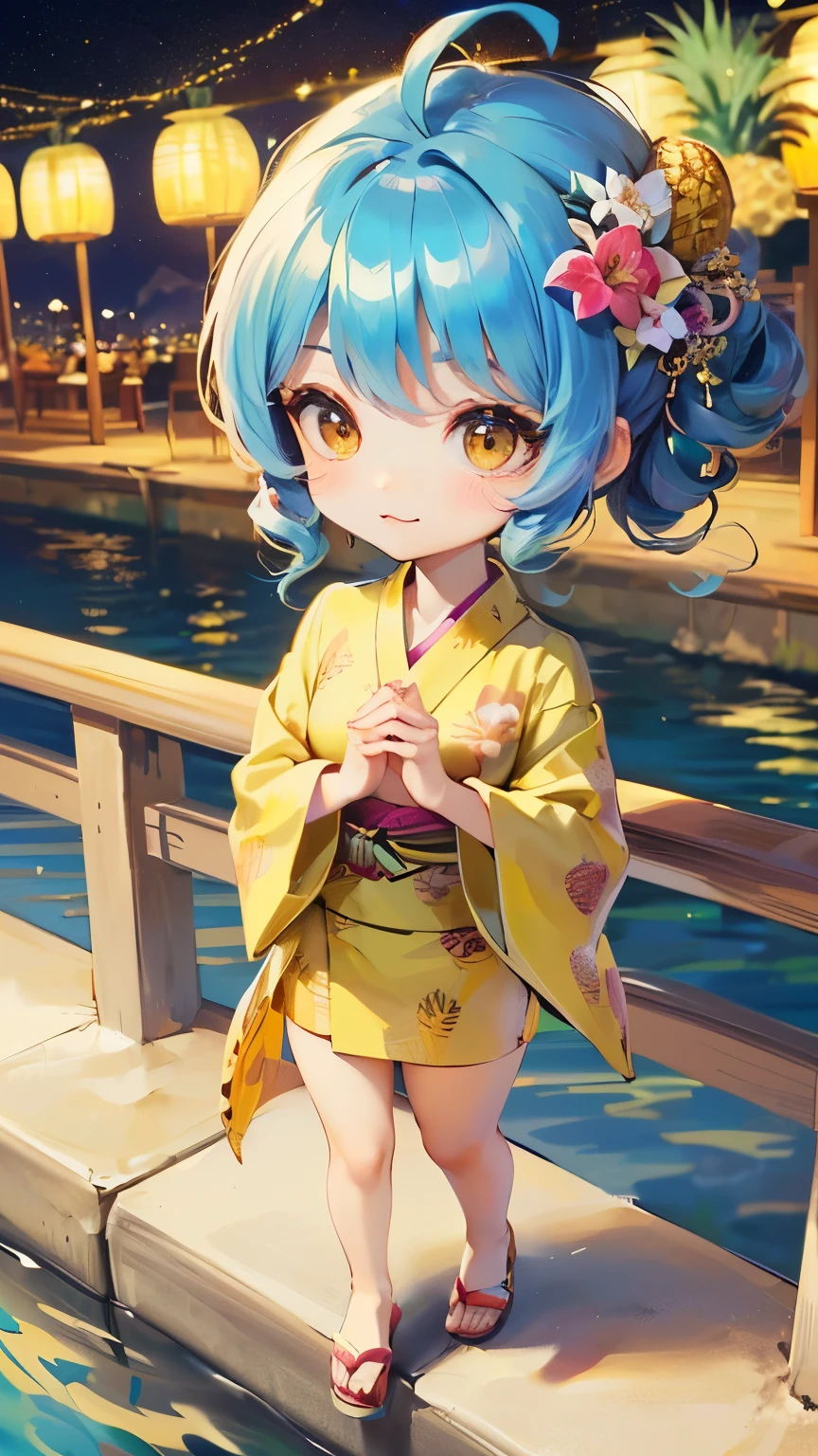 (Masterpiece、新鮮なpineapple:1.3)、(8k、Ultra HD Photos、Highly detailed art gems:1.1)、(Chibi animation、One Chibi、masterpiece、Drawn with thick colored pencils:1.3)、(Chibi Body、Small face、Cute all over、Light blue hair color, Short chignon hair:1.3),(Highly detailed eyes、Tilt your head、Golden Eyes、humans skeleton、Beautiful breast growth、 :3, Ahoge, Carefully drawn fingertips、Perfect hands、Perfect Fingers、Perfect toes、Toned thighs、Very thin legs:1.3)、(pineapple、大きく新鮮なpineapple:1.3)、(hair ornaments、Flower pattern kimono、ribbon:1.2),(Chibi Girl、大きいpineapple花火、The view seen through the handrail、Riverbank、Night Festival、A miracle photo:1.4)