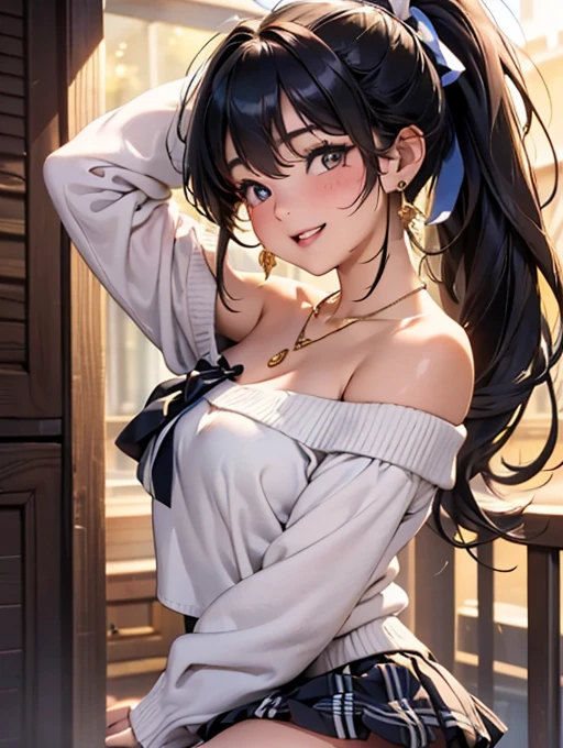 Browsing Caution,(Highest quality, 8k, masterpiece:1.3,beautiful girl), (Very detailed)Glowing Skin,(((Long Hair,ponytail,Blue Ribbon,Beautiful Hair))),(Perfect Anatomy, Anatomically cまたはrect, Very detailed肌),((Golden Eyes,Droopy eyes,Narrow eyes)),((Perfect Fingers,Five Fingers)), Mole under the eye,Double teeth,Big Breasts,Big Ass,high school girl,Very smiling,Smile and close your eyes,((Off-shoulder white sweater:1.2,Black and white plaid mini skirt:1.3,Pink Panties)),walk,Port town,Beautiful night view,((Shiny Earrings,small diamond necklace)),Place your arms behind your head,Wink、Throw kiss,(((Natural Makeup)))