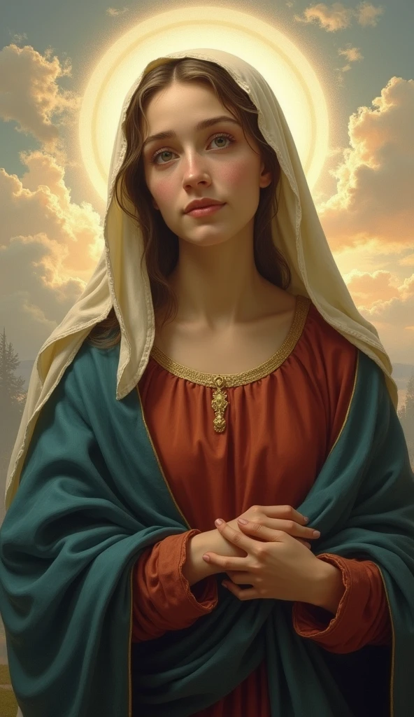 The beautiful Virgin Mary looks at you with loving eyes, Reddish tunic, Blue cloak and veil