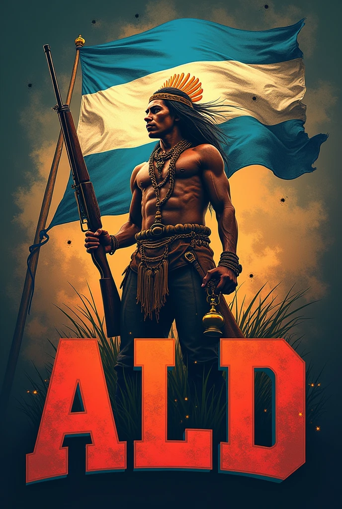 Create a logo that says ALD with an indigenous person holding a trophy and a gun, with an Argentine flag with bullet holes behind the indigenous person.
