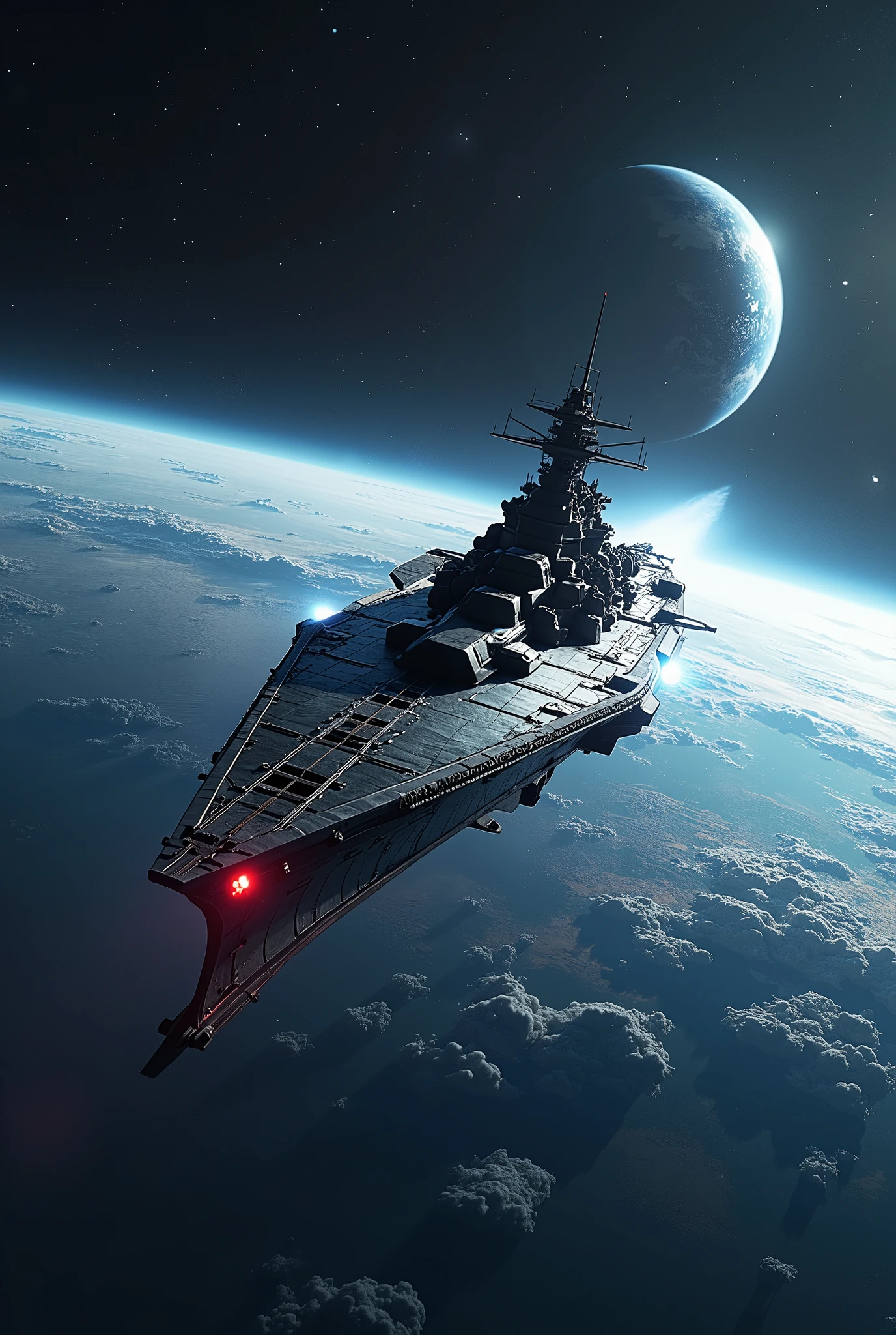 (masterpiece:1.2,Highest quality,Ultra-high resolution,Super detailed),8k,wallpaper,Realistic,(DSLR Canon style),BREAK(A spaceship shaped like a battleship is heading towards the galaxy with Earth behind it.),(sf:2.0),(A streamlined spaceship inspired by the Yamato Battleship and Star Destroyers.:2.0),(A small Earth can be seen behind the spaceship:2.0),(The background is outer space and Earth:2.0),(dynamic,Big impact,Dynamic Angles:2.0),(Beautiful particles of light are emanating from the wave motion engine at the stern:2.0),(Equipped with a wave motion gun at the bow:2.0),(Equipped with 3 main cannons)