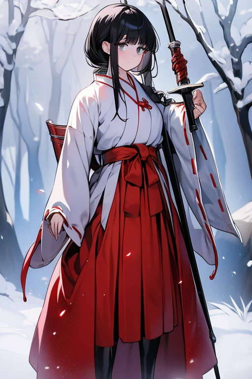 Highest quality, Very detailed,masterpiece,anime, Ultra-high resolution,If you look closely at the eyes, Best illustrations, A very condensed individual, (Very delicate and cute face)、Character portrait、Full body portrait、beautiful girl,Shrine maiden,Japanese、Black hair, medium length, reaching the shoulders,Green Eyes、Shrine maiden服、black tights, Leather long boots、Standing with a wooden sword drawn、No background、Characters only、Red cheeks、Embarrassed expression、