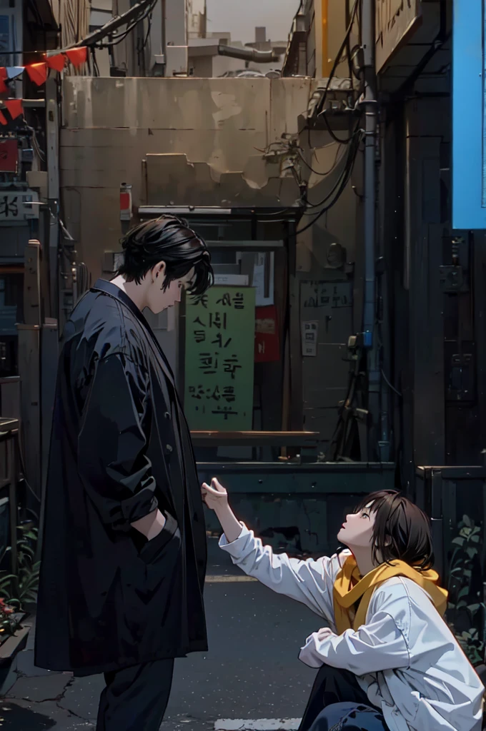 midsummer night,The man is standing in the alleyway and the woman is sitting with her hand outstretched.., Highlight scenes from the movie, Dao City, on the city streets, still in the movies, screenshot from a movie, a scene from a movie, Still in live action movies, 실사 a scene from a movie, still in the movies, picture, still Filming in a movie, movie promotional image, Filming in a movie
