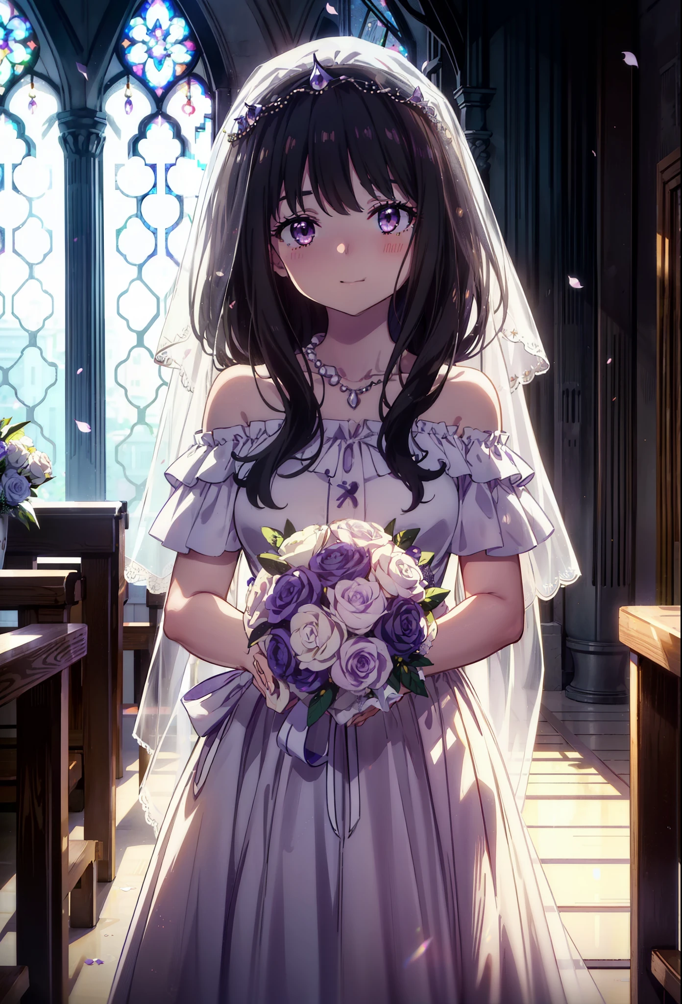 Takiuchikami, Long Hair, bangs, Black Hair, (Purple eyes:1.2),Veil,Off-the-shoulder white wedding dresses,necklace,Veil,white wedding long skirt,holding a bouquet of flowers in both hands,smile,blush,As if your whole body is in the illustration,Daytime,sunny,
break indoors, Chapel,church,
break looking at viewer, Upper Body,(Cowboy Shot:1.5),
break (masterpiece:1.2), Highest quality, High resolution, unity 8k wallpaper, (shape:0.8), (Beautiful attention to detail:1.6), Highly detailed face, Perfect lighting, Extremely detailed CG, (Perfect hands, Perfect Anatomy),