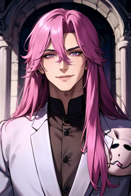 Perfect face. Perfect hands. A pink haired man with violet eyes and long hair is smiling in a cemetery in a fancy suit