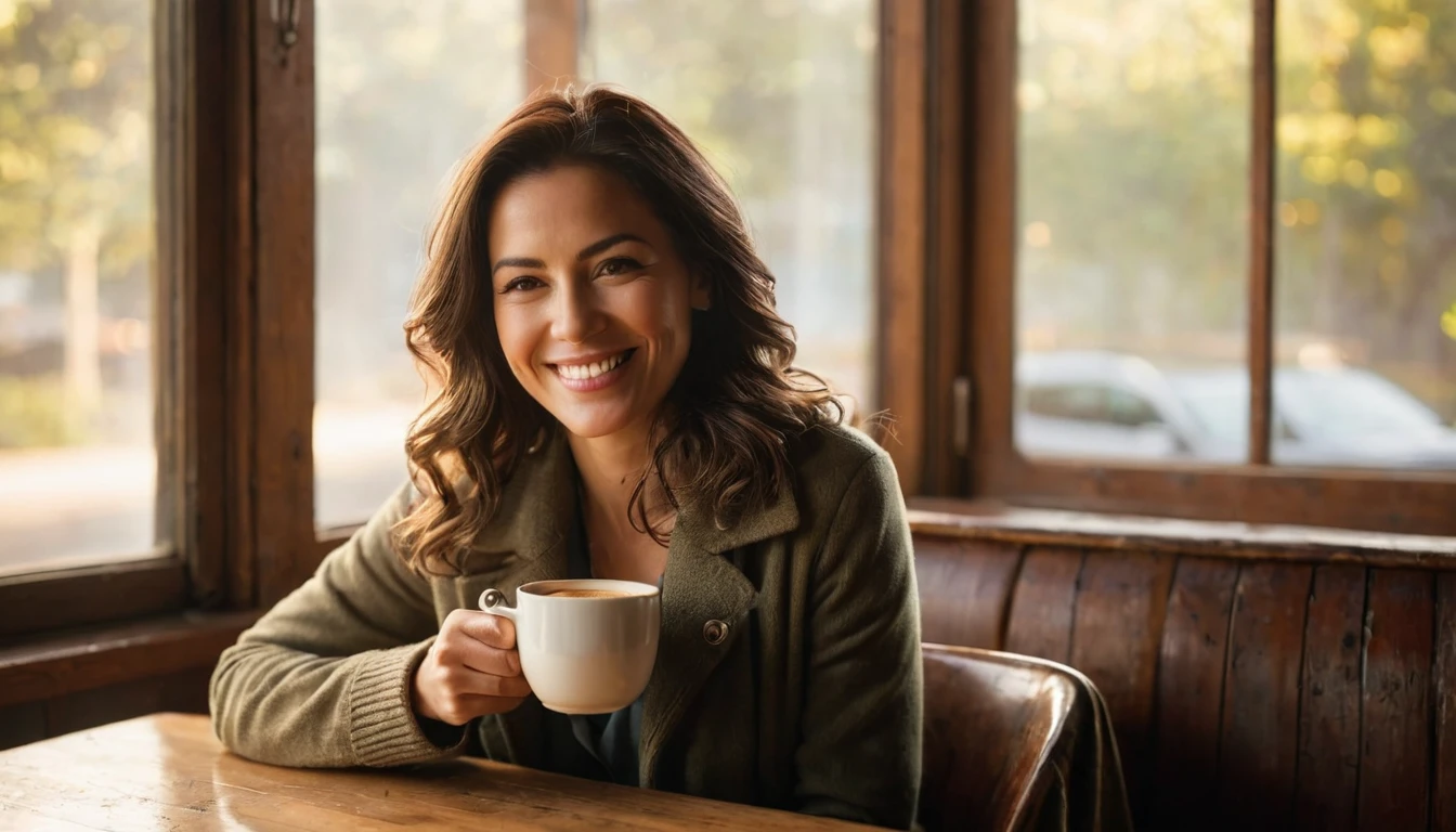 "A woman smiling while holding a cup of coffee, sitting by a window with soft morning light streaming in. The light highlights the steam rising from the cup and adds a gentle warmth to the scene. Her eyes reflect a quiet contentment, and the background shows a cozy café setting with rustic décor. Captured with a 24-70mm lens, f/2.8 aperture, ISO 200, creating a perfect blend of detail and ambient atmosphere."
