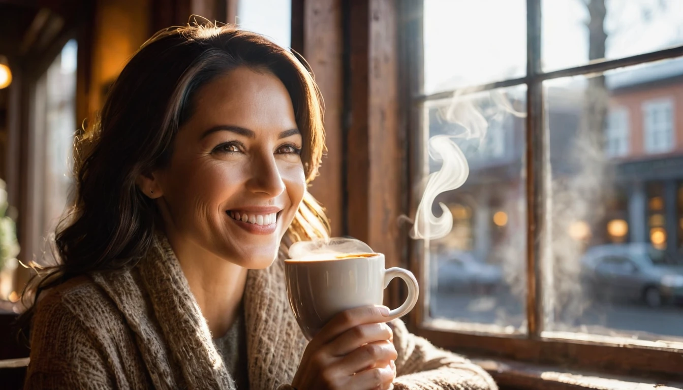 "A woman smiling while holding a cup of coffee, sitting by a window with soft morning light streaming in. The light highlights the steam rising from the cup and adds a gentle warmth to the scene. Her eyes reflect a quiet contentment, and the background shows a cozy café setting with rustic décor. Captured with a 24-70mm lens, f/2.8 aperture, ISO 200, creating a perfect blend of detail and ambient atmosphere."